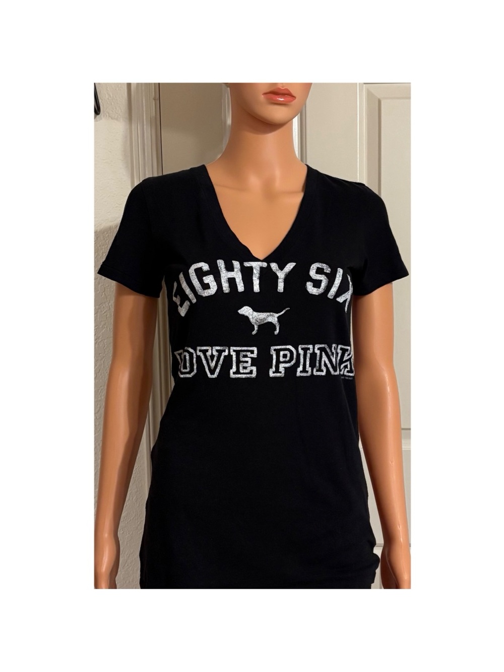 PINK Victoria's Secret Black V-Neck 'Eighty Six' Graphic Tee